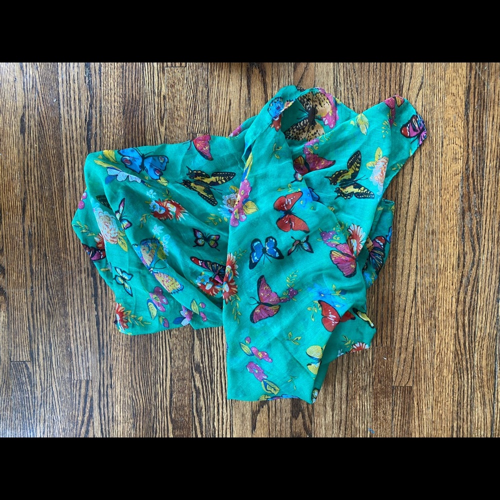 Green butterfly print scarf